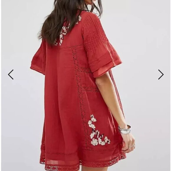Free People Perfectly Victorian Embroidered Rust Mini Dress- Size Small-Red - Picture 2 of 16